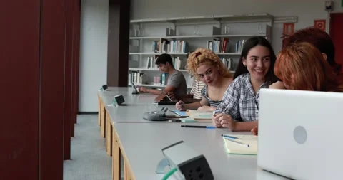 Multiracial young students learing together inside school library Stock Footage 203721539