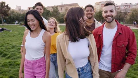 Multiracial youth group having fun and running around green meadow. Outdoor Stock Footage 245744683