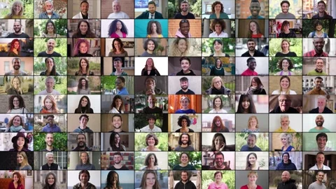 Multiscreen of 100 people smiling, diverse backgrounds Stock Footage 285863410