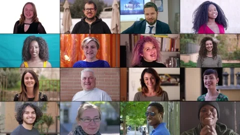 Multiscreen of 16 happy faces from diverse backgrounds Video stock 277344291