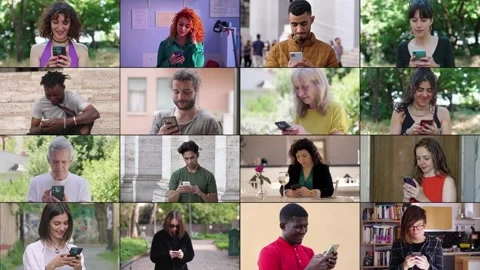Multiscreen of 16 individuals from various backgrounds texting on smartphones Stock Footage 278195553