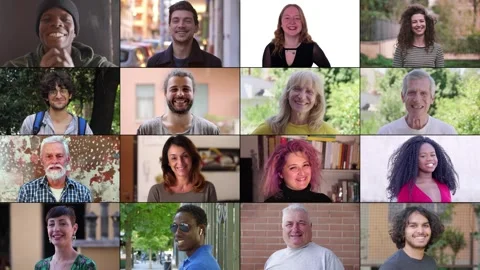 Multiscreen of 16 individuals from various backgrounds smiling Stock Footage 278271398