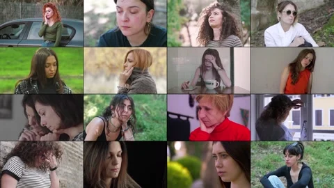 Multiscreen of 16 Women in Various States of Distress 스톡 동영상 293052665