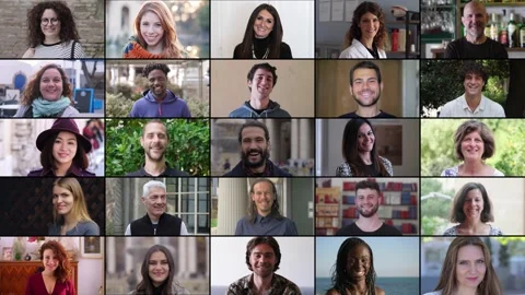 Multiscreen of 25 people smiling, diverse ethnicities Видео 285863393