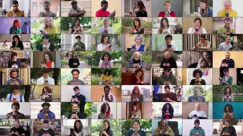 Multiscreen of 64 individuals interacting with smartphones Stock Footage 278272276
