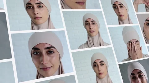 Multiscreen with a beautiful model of Arab appearance in a traditional hijab Stock Footage 208218237