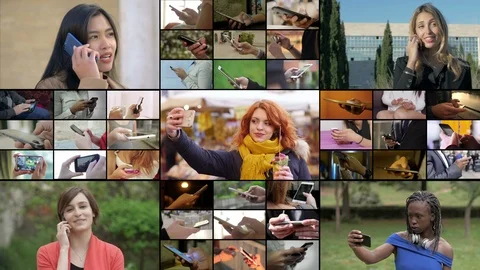 Multiscreen on beautiful young women using smartphone in their lives Stock Footage 101645233