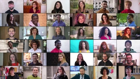Multiscreen on carefree beautiful multiethnic man and women smiling at camera Stock Footage 219441402