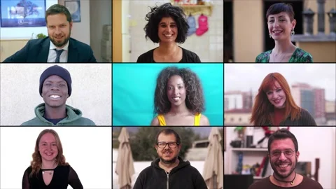 Multiscreen of cheerful people smiling looking at camera Stock Footage 219389014