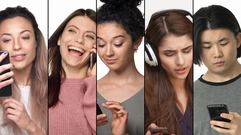 Multiscreen collage people using mobile phone. Diverse multi-ethnic men and Video stock 125506633