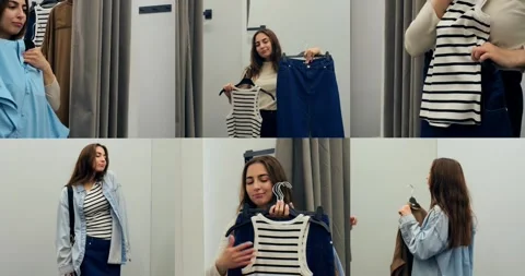Multiscreen collage showing woman browsing clothes in fitting room, woman Stock Footage 314466693