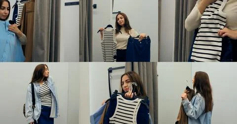 Multiscreen collage showing woman browsing clothes in fitting room, woman 스톡 사진