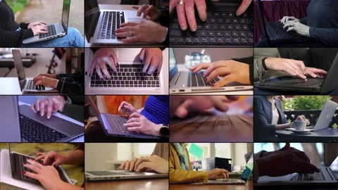 Multiscreen on Communication, devices, modernity, different people using laptop Video stock 171883163