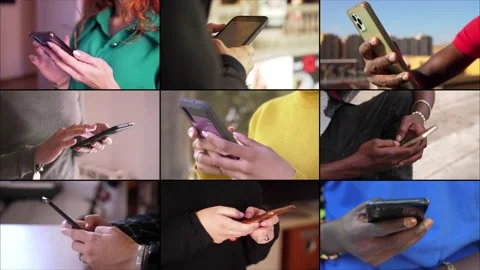 Multiscreen on Communication: different unrecognizable people using mobile phone Video stock 219432823