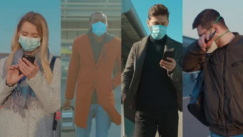 Multiscreen covid-19 coronavirus infection man and woman wearing Protective Face Stock-Footage 127393128