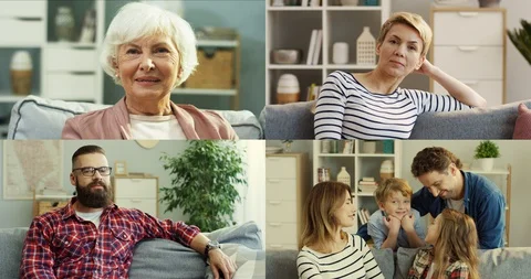 Multiscreen on different Caucasian people smiling to camera at home. Happy Stock Footage 129890693