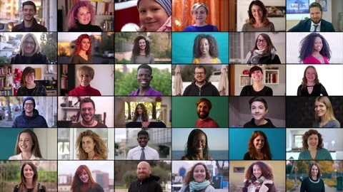 Multiscreen on different multiethnic people smiling at camera Stockbeeldmateriaal 227503742