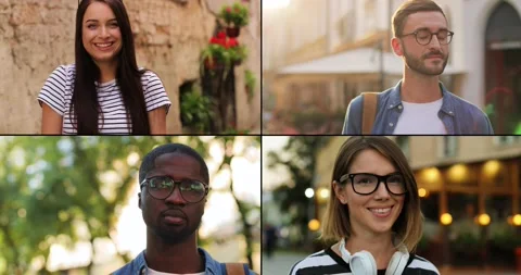 Multiscreen on diverse mixed-race happy people standing in city. Cheerful girl Video stock 130353059