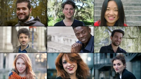 Multiscreen on happy smiling young people. Happiness, youth, joy Stock Footage 120520938