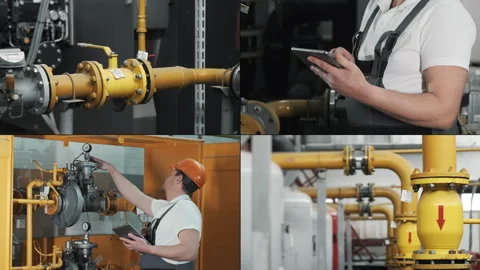 Multiscreen of industrial worker inspecting yellow gas pipeline pipes. Stock Footage 315951425
