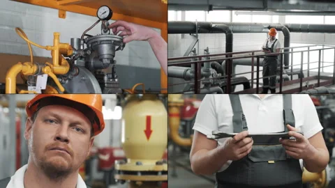 Multiscreen of industrial worker inspecting yellow gas pipeline pipes. Stock Footage 315951599