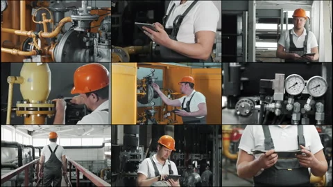 Multiscreen of industrial worker inspecting yellow gas pipeline pipes. Stock Footage 315951642