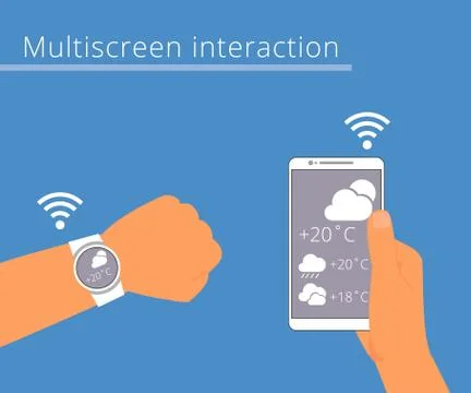 Multiscreen interaction. Synchronization of smart wristwatch and smartphone Stock Illustration