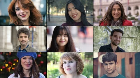 Multiscreen on joy,happiness. Young happy multi ethnic poeple smiling at camera Video stock 120939549