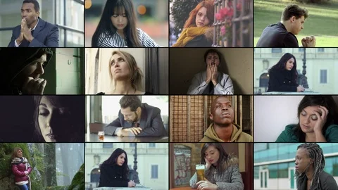 Multiscreen on loneliness, depression, sadness. Upset people Vídeo Stock 107223205