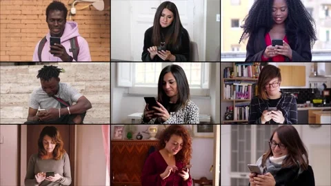 Multiscreen of men and woman using mobile phone Video stock 219419644