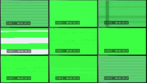 Multiscreen Monitors Display Bad Signal Green Screen Video stock 141248577
