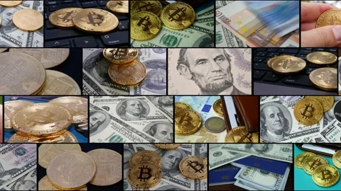 Multiscreen montage of cryptocurrency BTC bitcoin coins Stock Footage 160405017