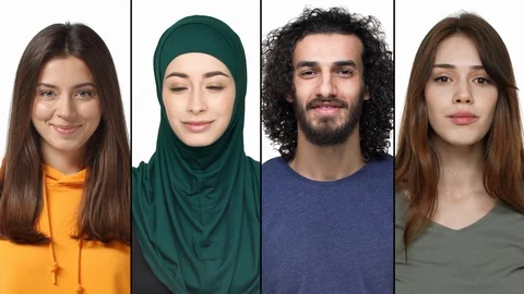 Multiscreen montage happy face collage of multiethnic people. Diverse men and Stock Footage 125078283
