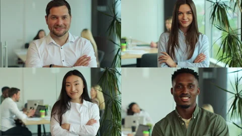 Multiscreen montage of young men and women at workplaces. Collage of different Stock Footage 156379864