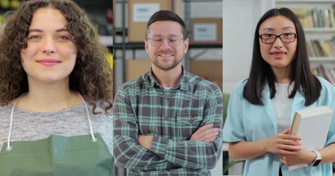 Multiscreen montage of young men and women at workplaces. Collage of different m 스톡 동영상 238086830