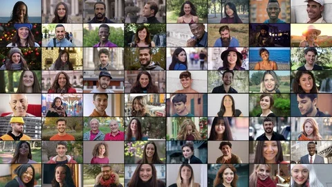 Multiscreen On Multiethnic People Different In Age Smiling At Camera Stock Footage 129558044