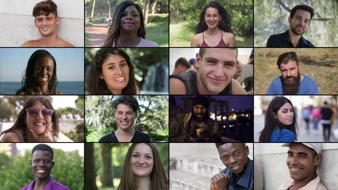 Multiscreen on Multiethnic young people smiling at camera. Joy, fun smiling Stock Footage 120013276