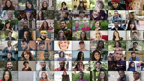 Multiscreen on multiethnic,different age, sex smiling at camera Video stock 119954735