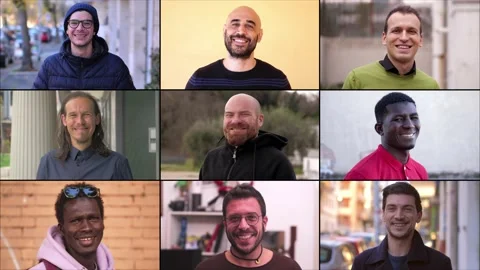 Multiscreen on nine happy carefree multiethnic men smiling at camera Video stock 219434731