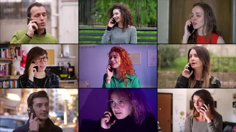 Multiscreen or colage of 9 people talking on smartphone 스톡 동영상 219423235