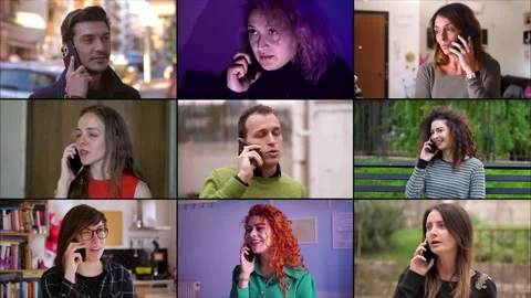Multiscreen or colage of people talking on smartphone Stock Footage 219424054