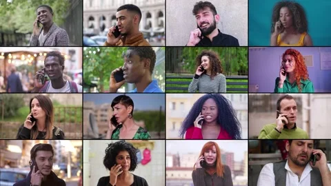 Multiscreen or colage of people talking on smartphone Stock Footage 219426826