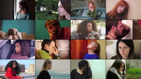 Multiscreen of people anxious, sad and worried Video stock 171908818