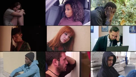 Multiscreen people of different ethnicities are sad and depressed Video stock 219469437