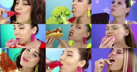 Multiscreen of people eating sweets and vegetables. Stock Footage 166740002