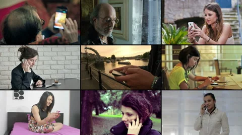 Multiscreen of people talking and using smartphone Stock Footage 63421222