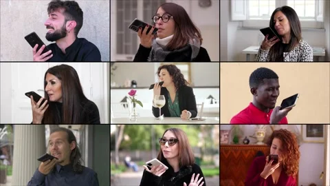 Multiscreen: people using the mobile phone with digital voice assistant.  Видео 219408783