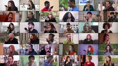 Multiscreen: people using the mobile phone with digital voice assistant.  Video stock 219855367