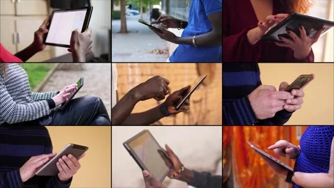 Multiscreen - People using tablet pc in different places: home, park, work Video stock 219401100