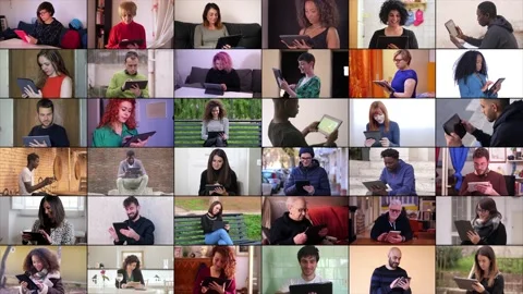 Multiscreen of people using tablet pc sharing content or looking at photos Stock Footage 219954209